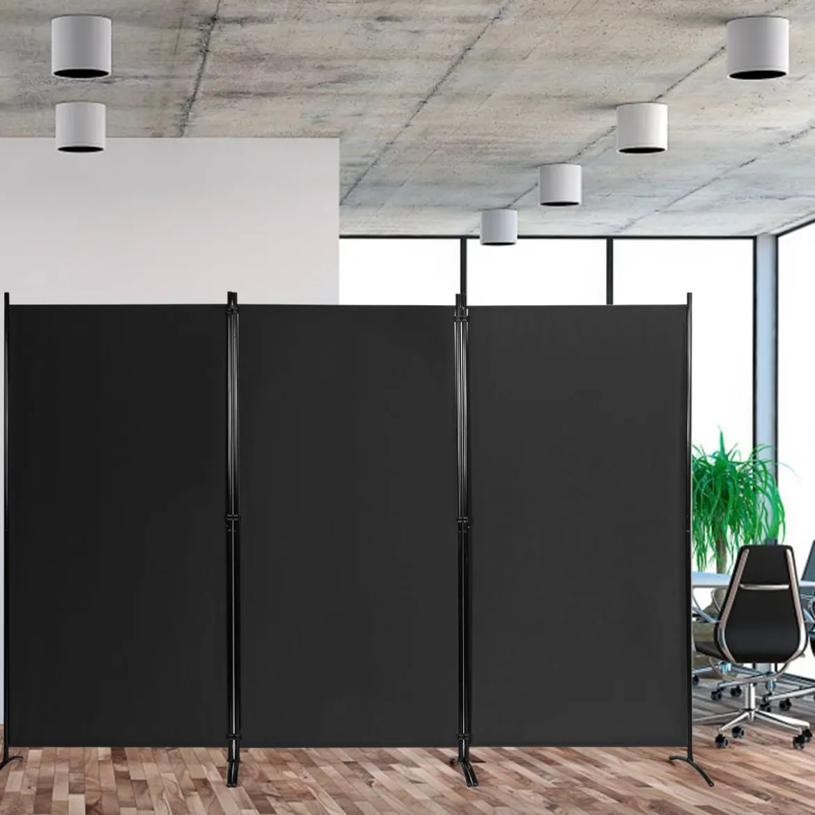 3-Panel Raumteiler mit Verstellbaren Untersetzern & Robusten Scharnieren & Stahlbasis Schwarz