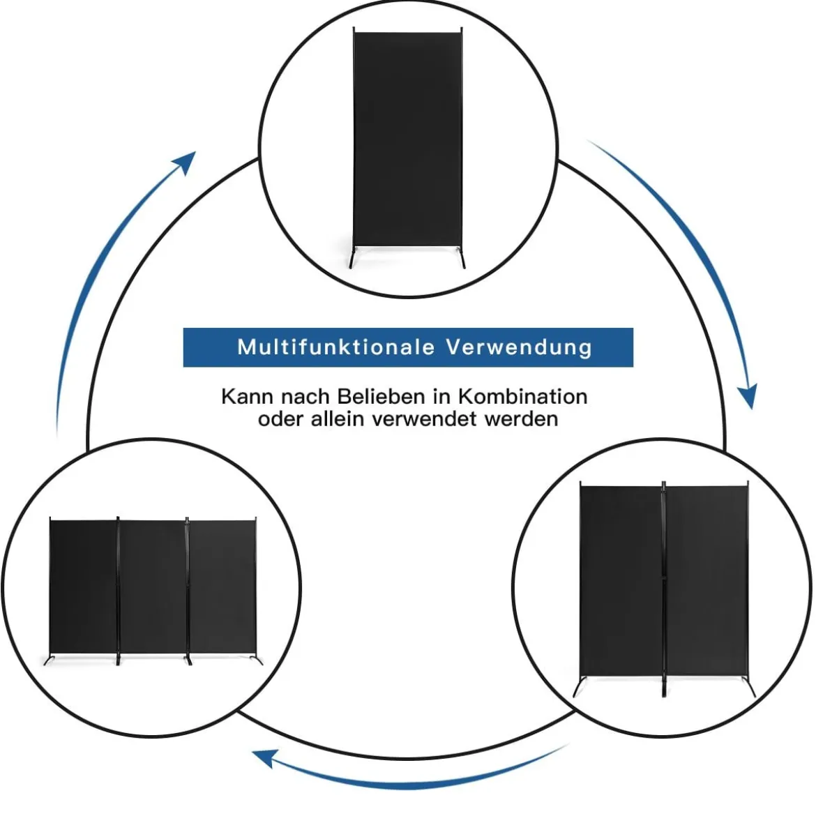 3-Panel Raumteiler mit Verstellbaren Untersetzern & Robusten Scharnieren & Stahlbasis Schwarz