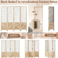 Paravent 151 x 144 cm Raumteiler klappbar 4 teilige Trennwand Holzrahmen Natur