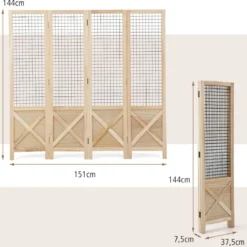 Paravent 151 x 144 cm Raumteiler klappbar 4 teilige Trennwand Holzrahmen Natur
