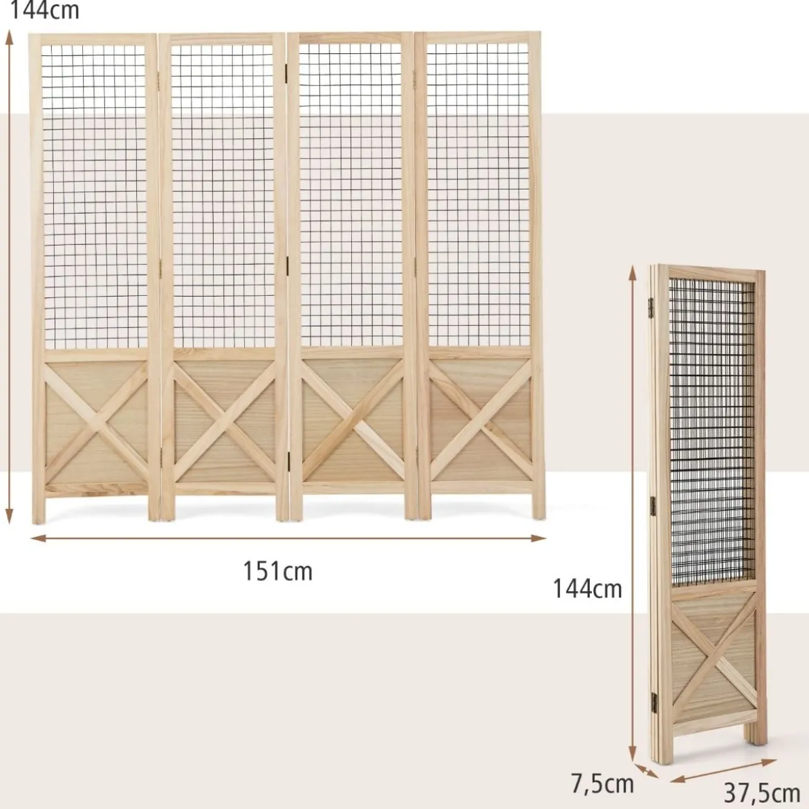 Paravent 151 x 144 cm Raumteiler klappbar 4 teilige Trennwand Holzrahmen Natur