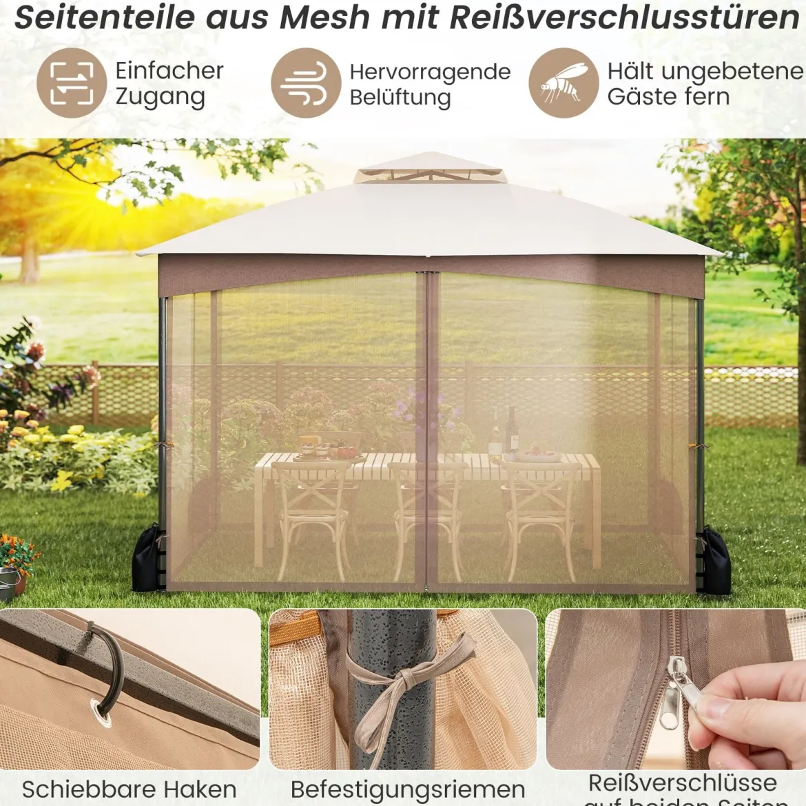 Pavillon 3 x 3,6 m Faltpavillon mit 4 Sandsäcken & 4 Moskitonetz & Doppeldach Wasserdicht & Stabil & Winterfest Khaki
