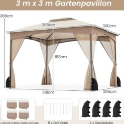 Pavillon 3 x 3,6 m Faltpavillon mit 4 Sandsäcken & 4 Moskitonetz & Doppeldach Wasserdicht & Stabil & Winterfest Khaki