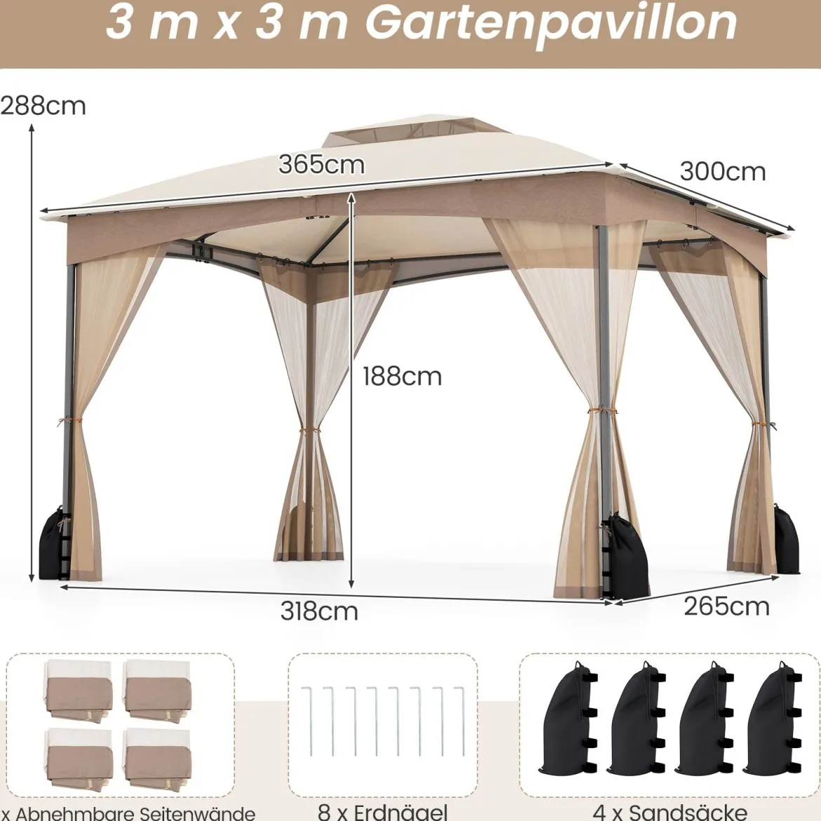 Pavillon 3 x 3,6 m Faltpavillon mit 4 Sandsäcken & 4 Moskitonetz & Doppeldach Wasserdicht & Stabil & Winterfest Khaki