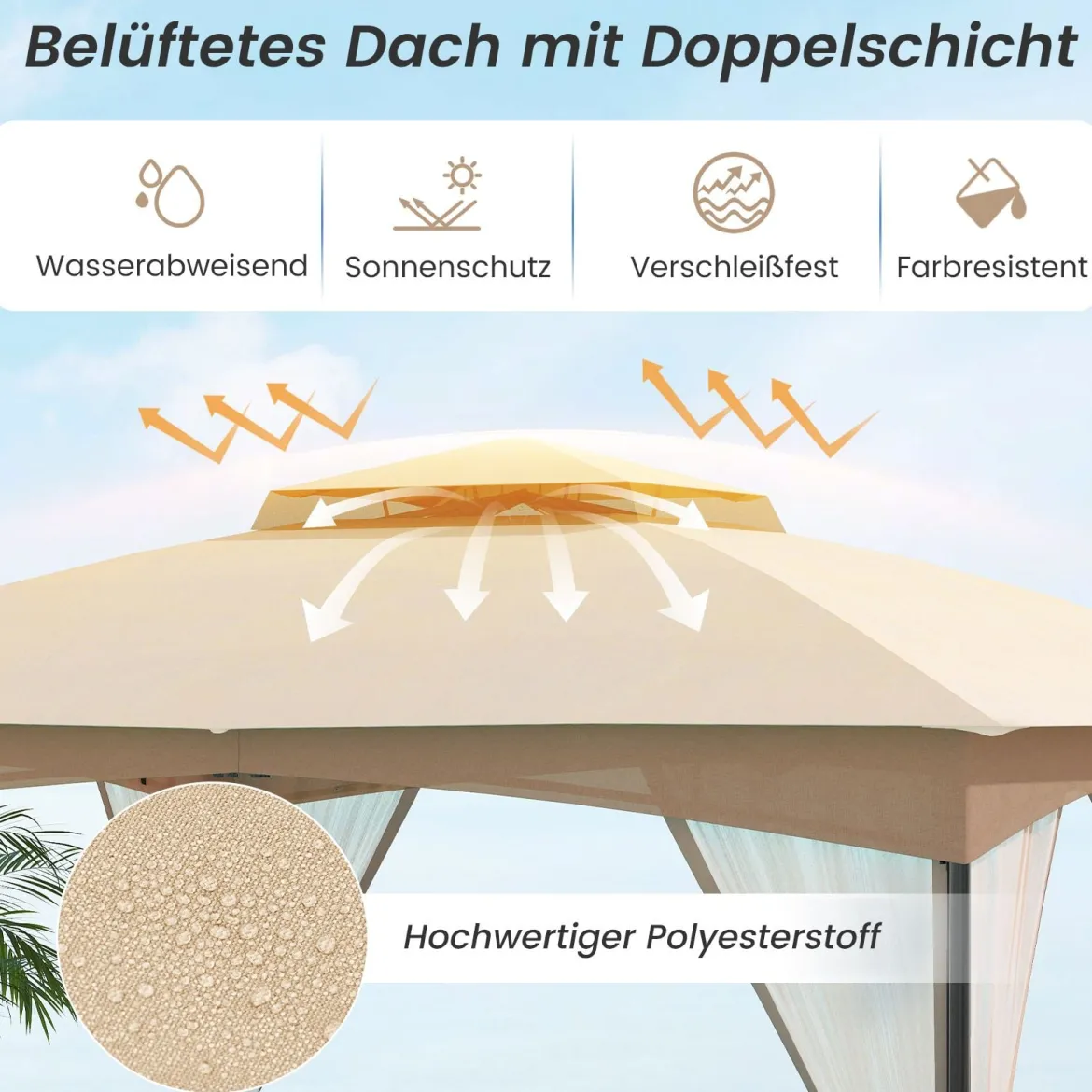 Pavillon 3 x 3,6 m Faltpavillon mit 4 Sandsäcken & 4 Moskitonetz & Doppeldach Wasserdicht & Stabil & Winterfest Khaki