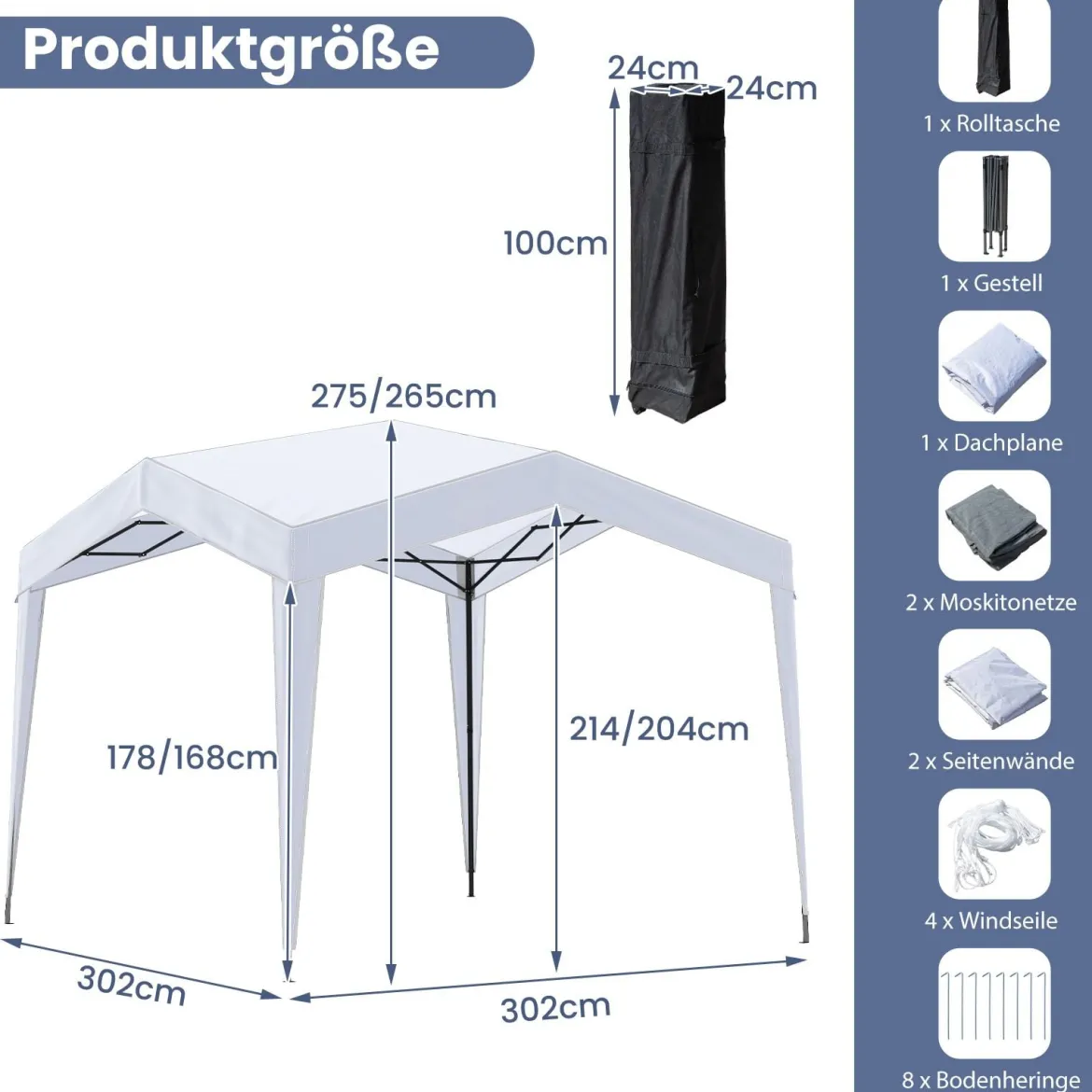 Pavillon 3x3 m Faltpavillon mit Rolltasche 8 Heringe & 4 Windseile Gartenpavillon Wasserdicht Stabil Winterfest (mit Moskitonetz)