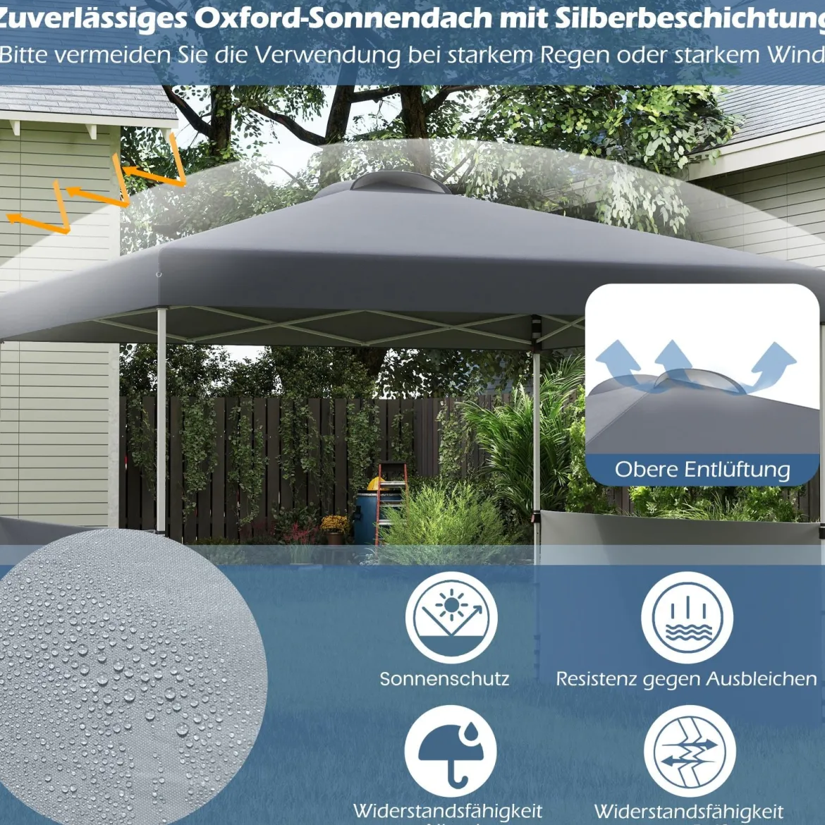 Pavillon 3 x 3m Faltpavillon mit 2 Seitenwänden & Tasche inkl. 4 Windseile & 4 Sandsäcke Grau