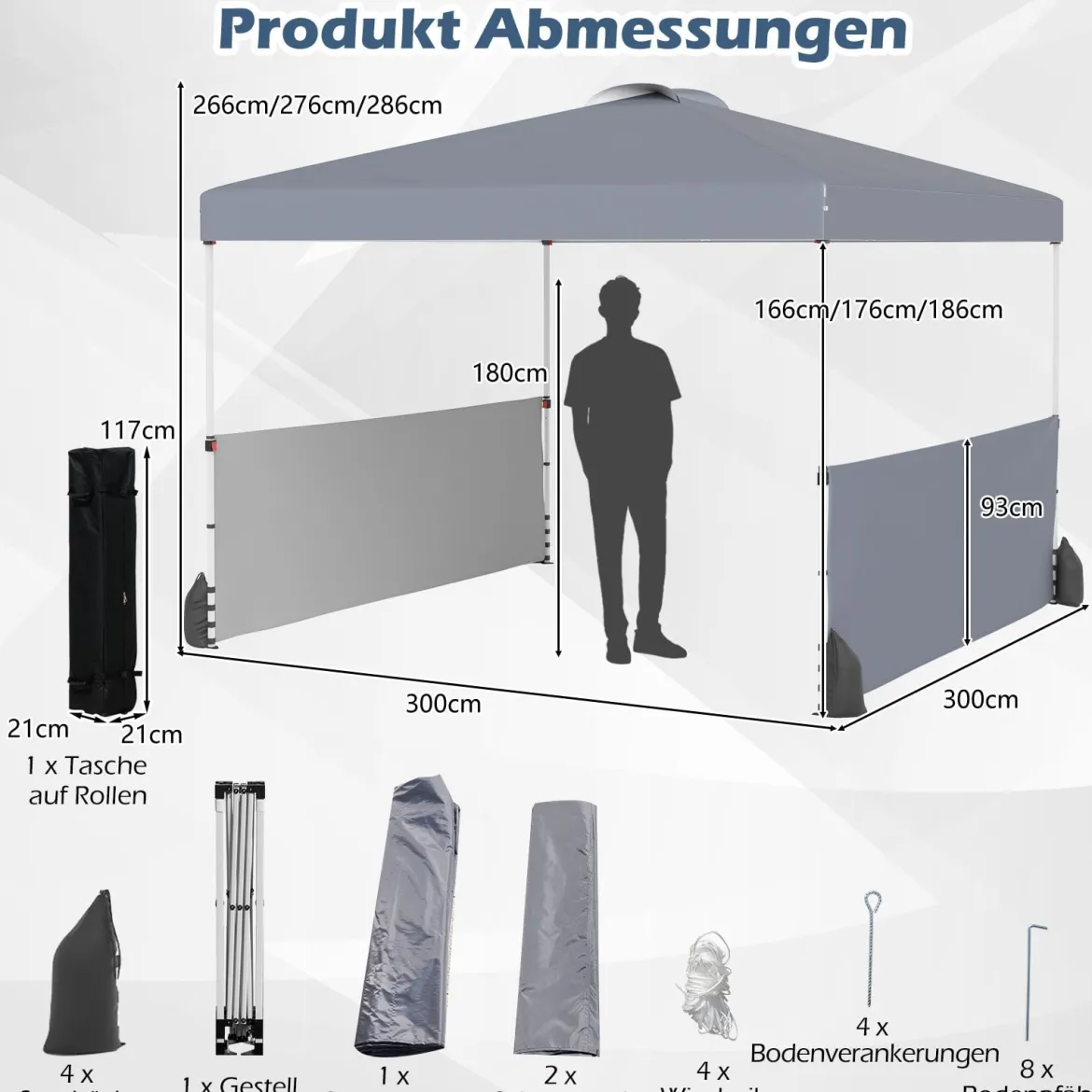 Pavillon 3 x 3m Faltpavillon mit 2 Seitenwänden & Tasche inkl. 4 Windseile & 4 Sandsäcke Grau