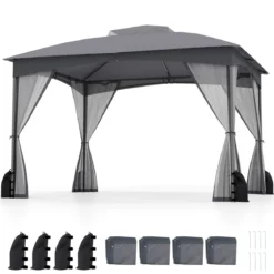 Pavillon 3 x 3,6 m Faltpavillon mit 4 Sandsäcken & 4 Moskitonetz & Doppeldach Wasserdicht & Stabil & Winterfest Grau