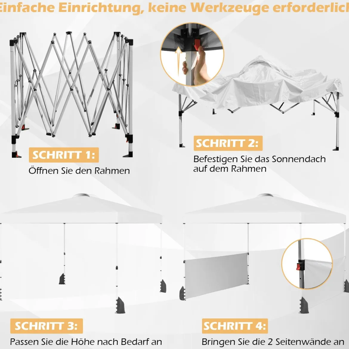 Pavillon 3 x 3m Faltpavillon mit 2 Seitenwänden & Tasche inkl. 4 Windseile & 4 Sandsäcke Weiß