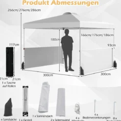 Pavillon 3 x 3m Faltpavillon mit 2 Seitenwänden & Tasche inkl. 4 Windseile & 4 Sandsäcke Weiß