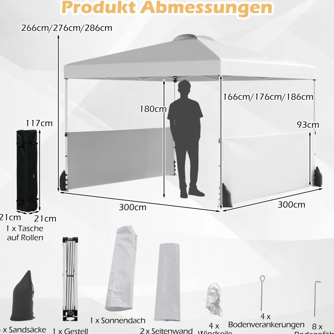 Pavillon 3 x 3m Faltpavillon mit 2 Seitenwänden & Tasche inkl. 4 Windseile & 4 Sandsäcke Weiß