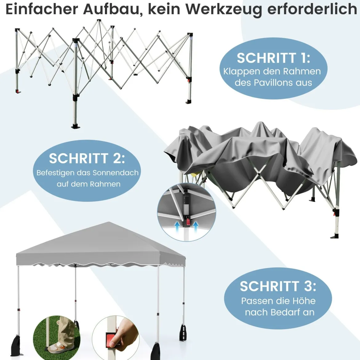 Pavillon 3 x 3 m Faltpavillon Wasserdicht mit Rolltasche inkl. 4 Windseile & 4 Sandsäcke & 8 Heringe Grau
