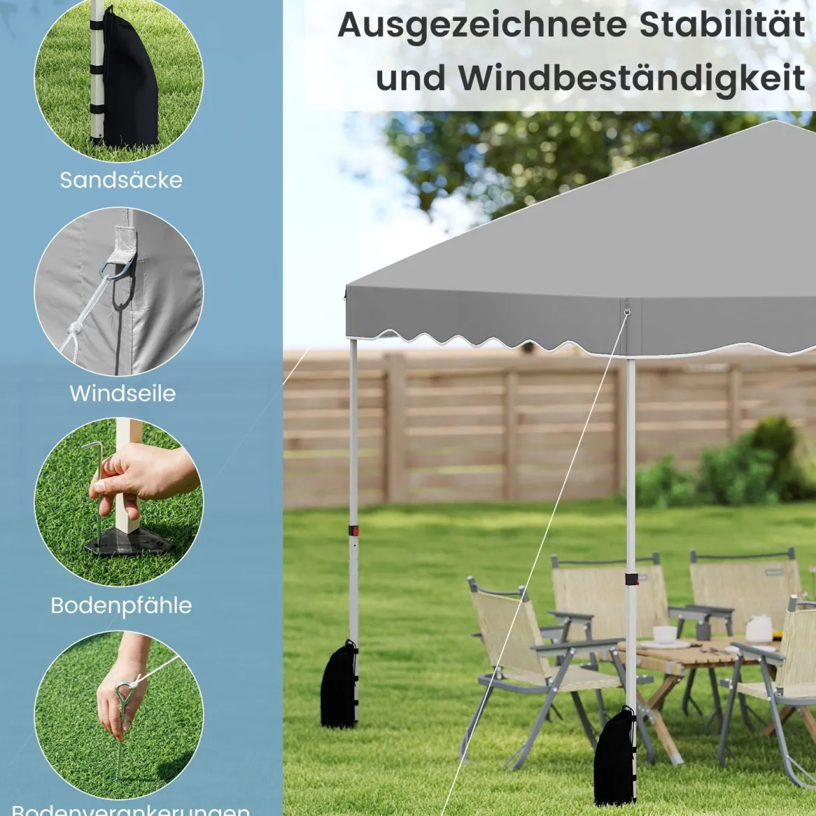 Pavillon 3 x 3 m Faltpavillon Wasserdicht mit Rolltasche inkl. 4 Windseile & 4 Sandsäcke & 8 Heringe Grau