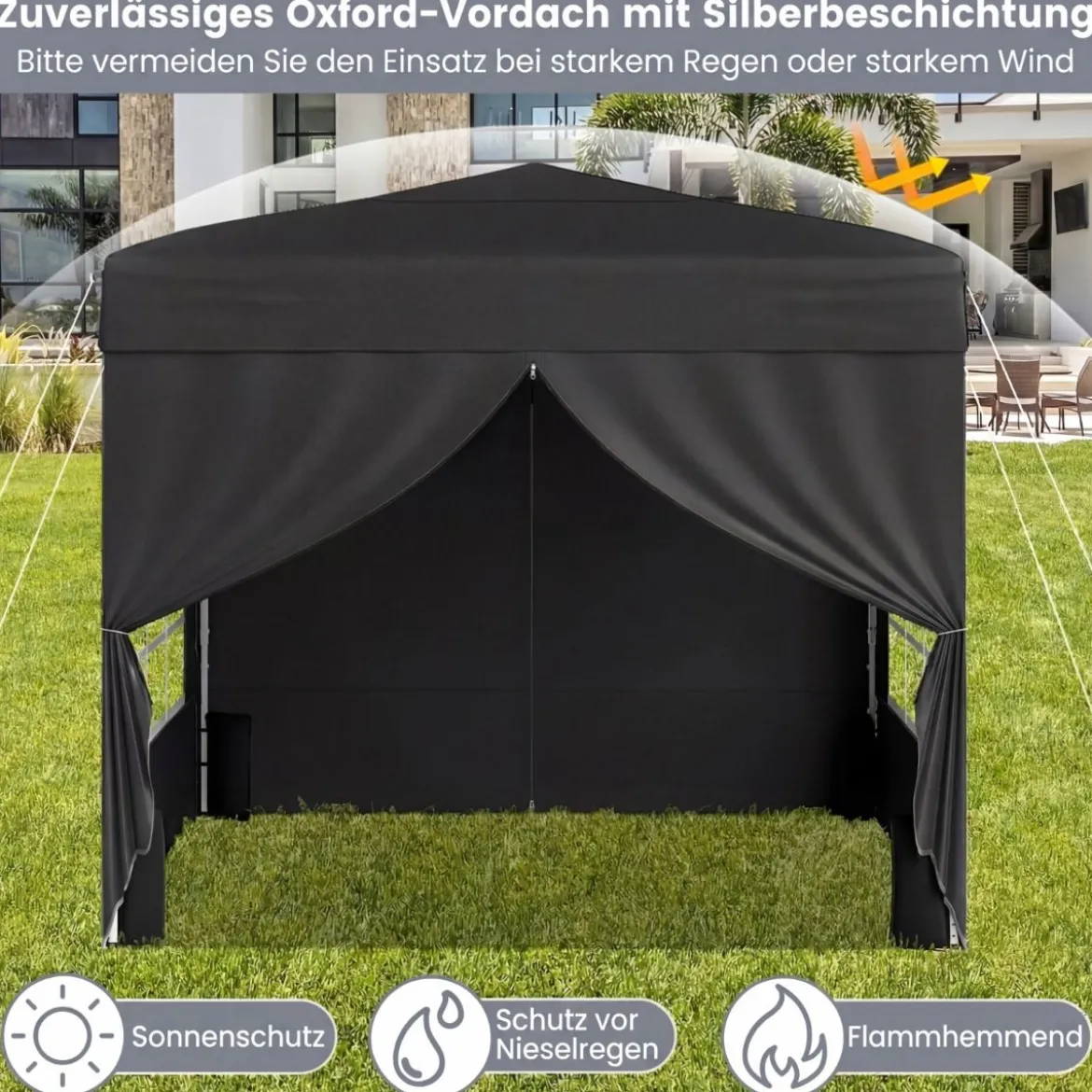 Pavillon 3 x 3 m Pop up Faltpavillon mit 4 Abnehmbaren Seitenwänden Schwarz/Grau/Weiß