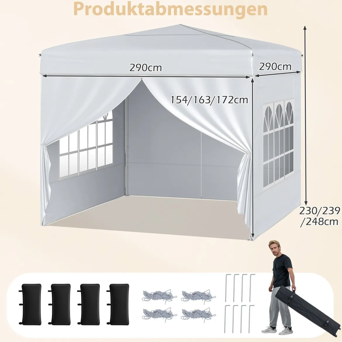 Pavillon 3 x 3 m Pop up Faltpavillon mit 4 Abnehmbaren Seitenwänden Schwarz/Grau/Weiß