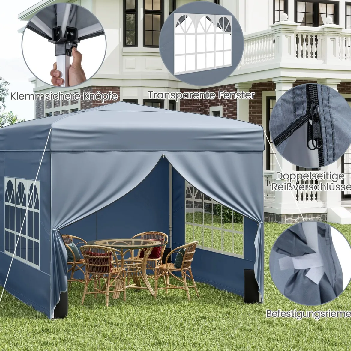 Pavillon 3 x 3 m Pop up Faltpavillon mit 4 Abnehmbaren Seitenwänden Schwarz/Grau/Weiß