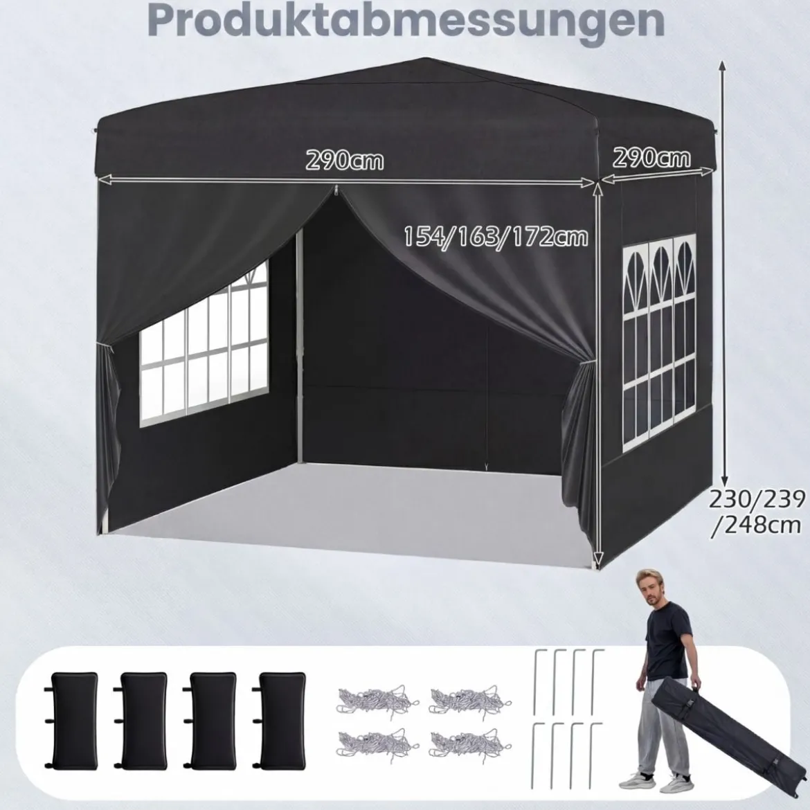 Pavillon 3 x 3 m Pop up Faltpavillon mit 4 Abnehmbaren Seitenwänden Schwarz/Grau/Weiß