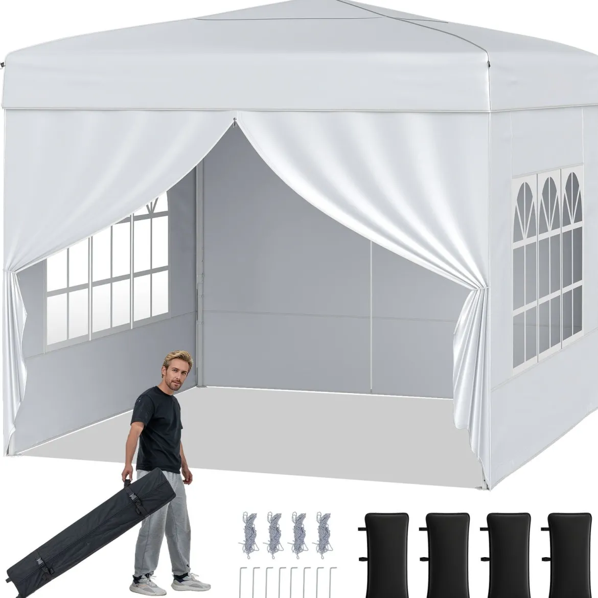 Pavillon 3 x 3 m Pop up Faltpavillon mit 4 Abnehmbaren Seitenwänden Schwarz/Grau/Weiß