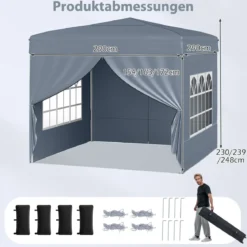 Pavillon 3 x 3 m Pop up Faltpavillon mit 4 Abnehmbaren Seitenwänden Schwarz/Grau/Weiß