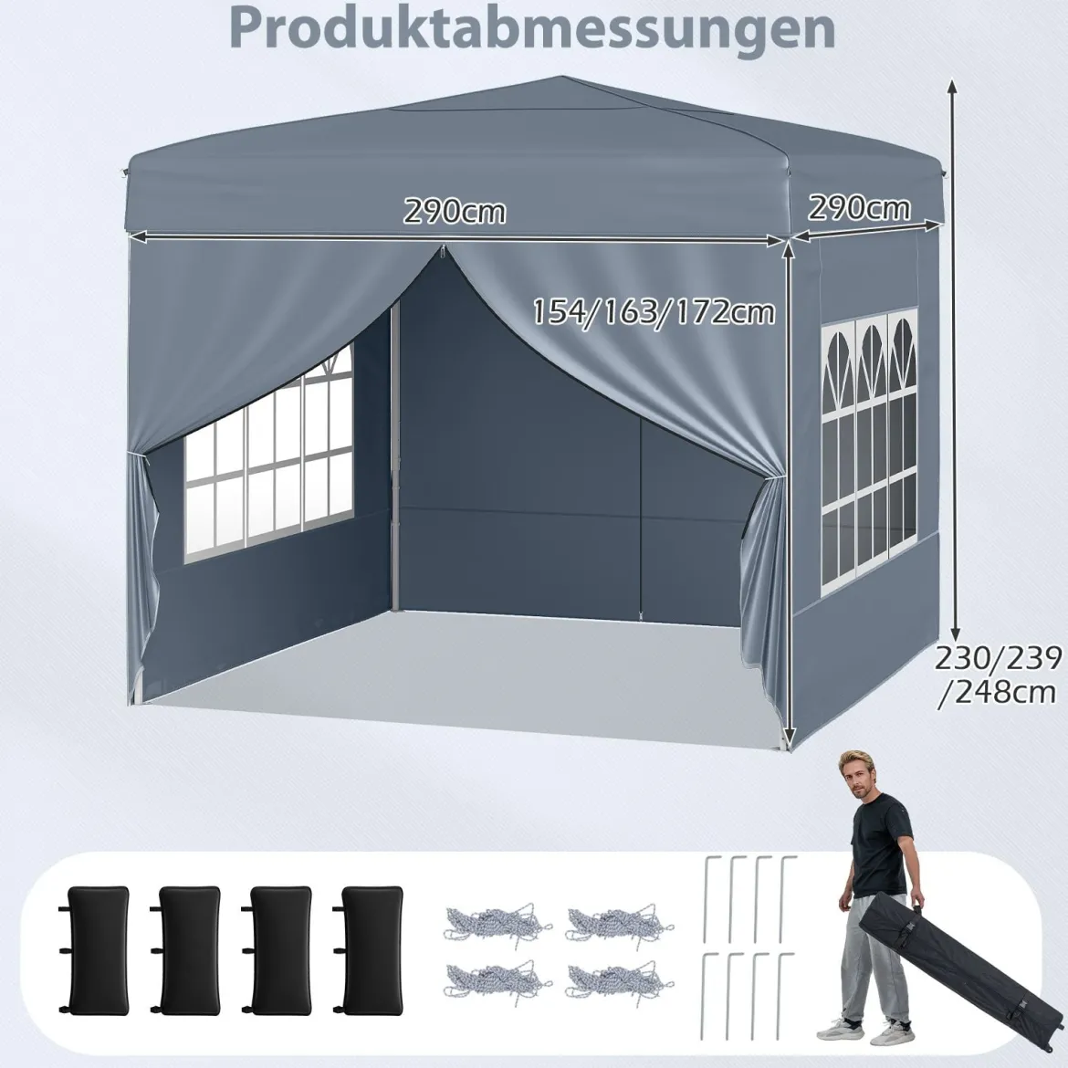 Pavillon 3 x 3 m Pop up Faltpavillon mit 4 Abnehmbaren Seitenwänden Schwarz/Grau/Weiß