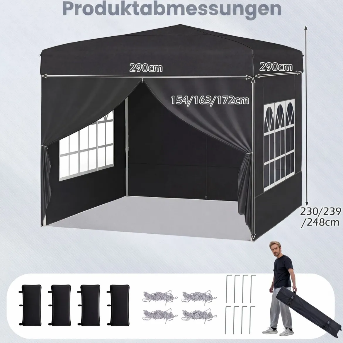 Pavillon 3 x 3 m Pop up Faltpavillon mit 4 Abnehmbaren Seitenwänden Schwarz/Grau/Weiß