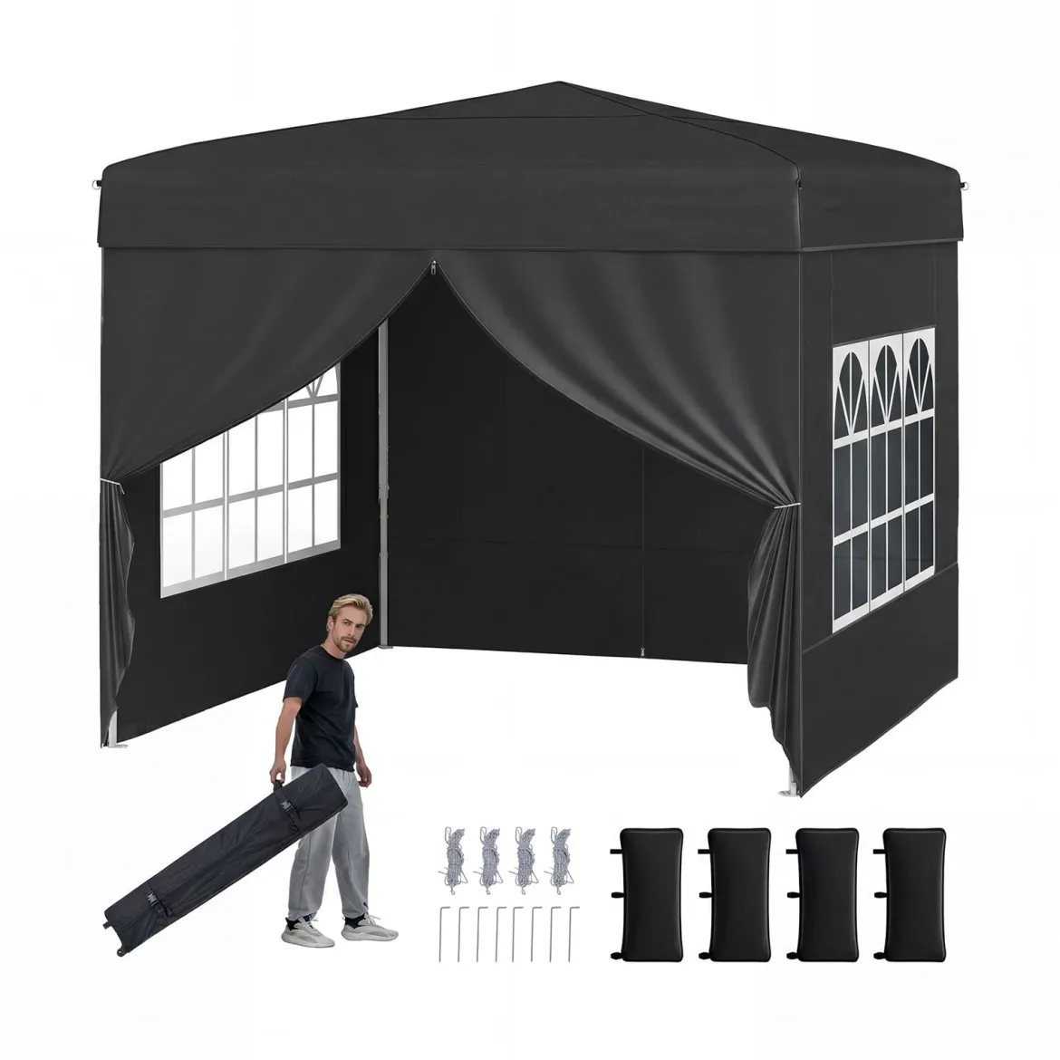 Pavillon 3 x 3 m Pop up Faltpavillon mit 4 Abnehmbaren Seitenwänden Schwarz/Grau/Weiß