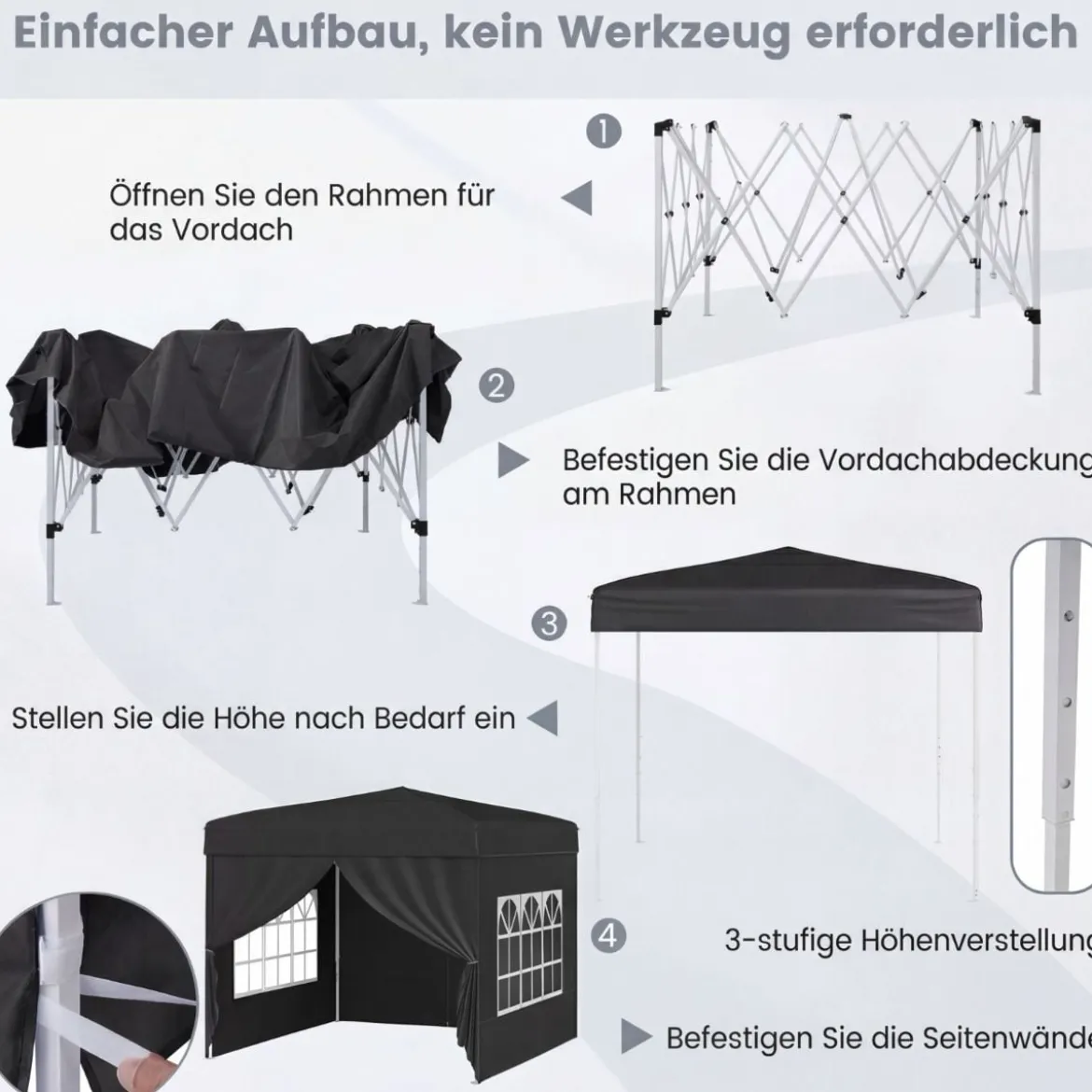 Pavillon 3 x 3 m Pop up Faltpavillon mit 4 Abnehmbaren Seitenwänden Schwarz/Grau/Weiß