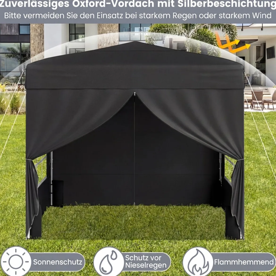 Pavillon 3 x 3 m Pop up Faltpavillon mit 4 Abnehmbaren Seitenwänden Schwarz/Grau/Weiß