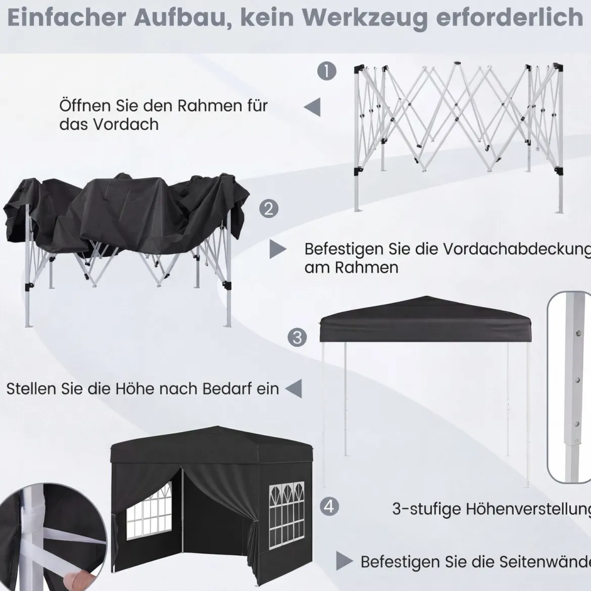Pavillon 3 x 3 m Pop up Faltpavillon mit 4 Abnehmbaren Seitenwänden Schwarz/Grau/Weiß