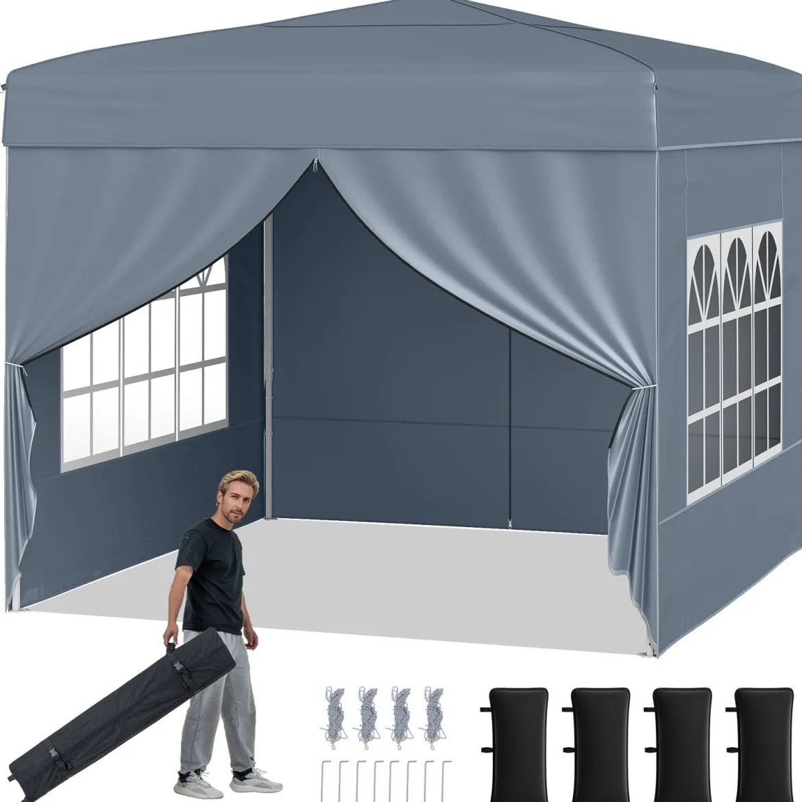 Pavillon 3 x 3 m Pop up Faltpavillon mit 4 Abnehmbaren Seitenwänden Schwarz/Grau/Weiß