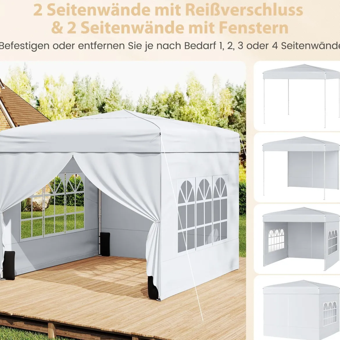 Pavillon 3 x 3 m Pop up Faltpavillon mit 4 Abnehmbaren Seitenwänden Schwarz/Grau/Weiß
