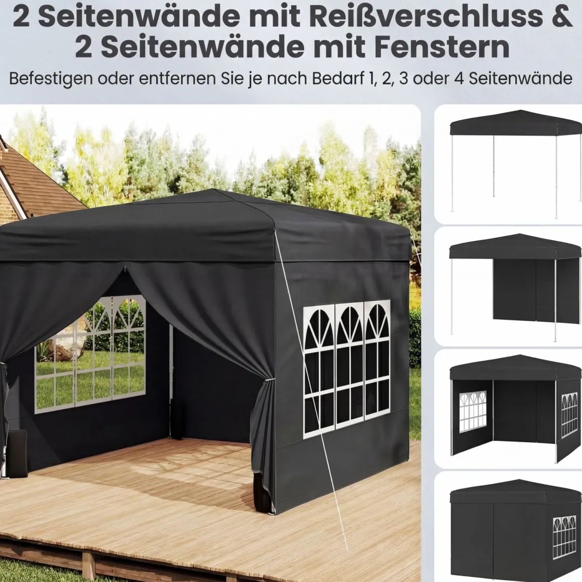 Pavillon 3 x 3 m Pop up Faltpavillon mit 4 Abnehmbaren Seitenwänden Schwarz/Grau/Weiß