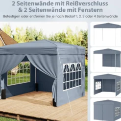 Pavillon 3 x 3 m Pop up Faltpavillon mit 4 Abnehmbaren Seitenwänden Schwarz/Grau/Weiß
