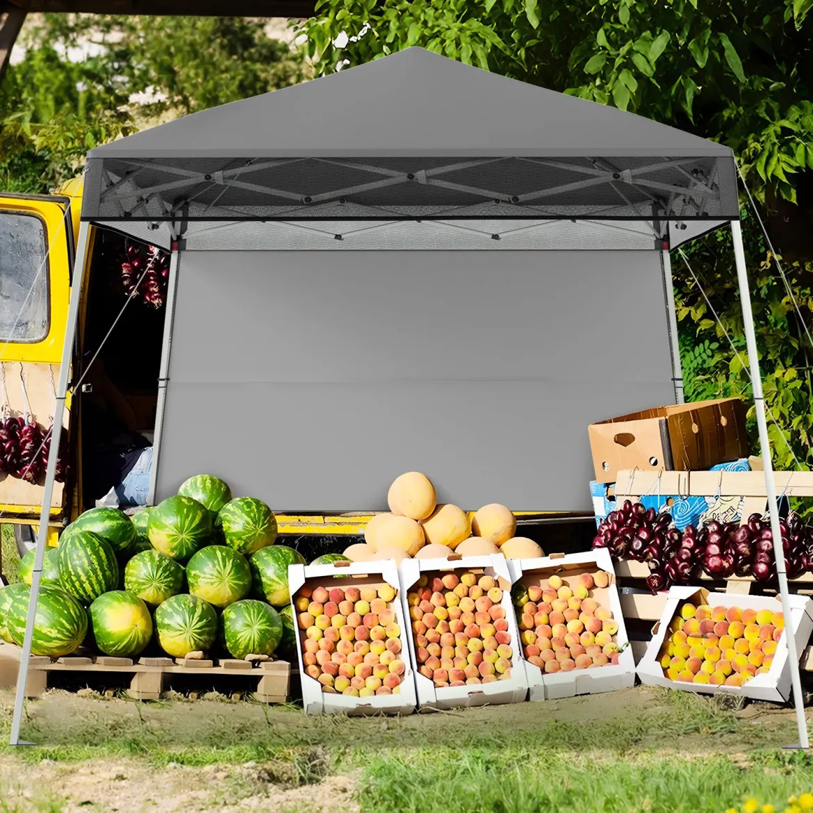 Pavillon 2 x 2 m Pop up Faltpavillon Höhenverstellbar mit Seitenwand & Bodenhaken Wasserdicht & Sonnenschutz Partyzelt Gartenzelt Grau
