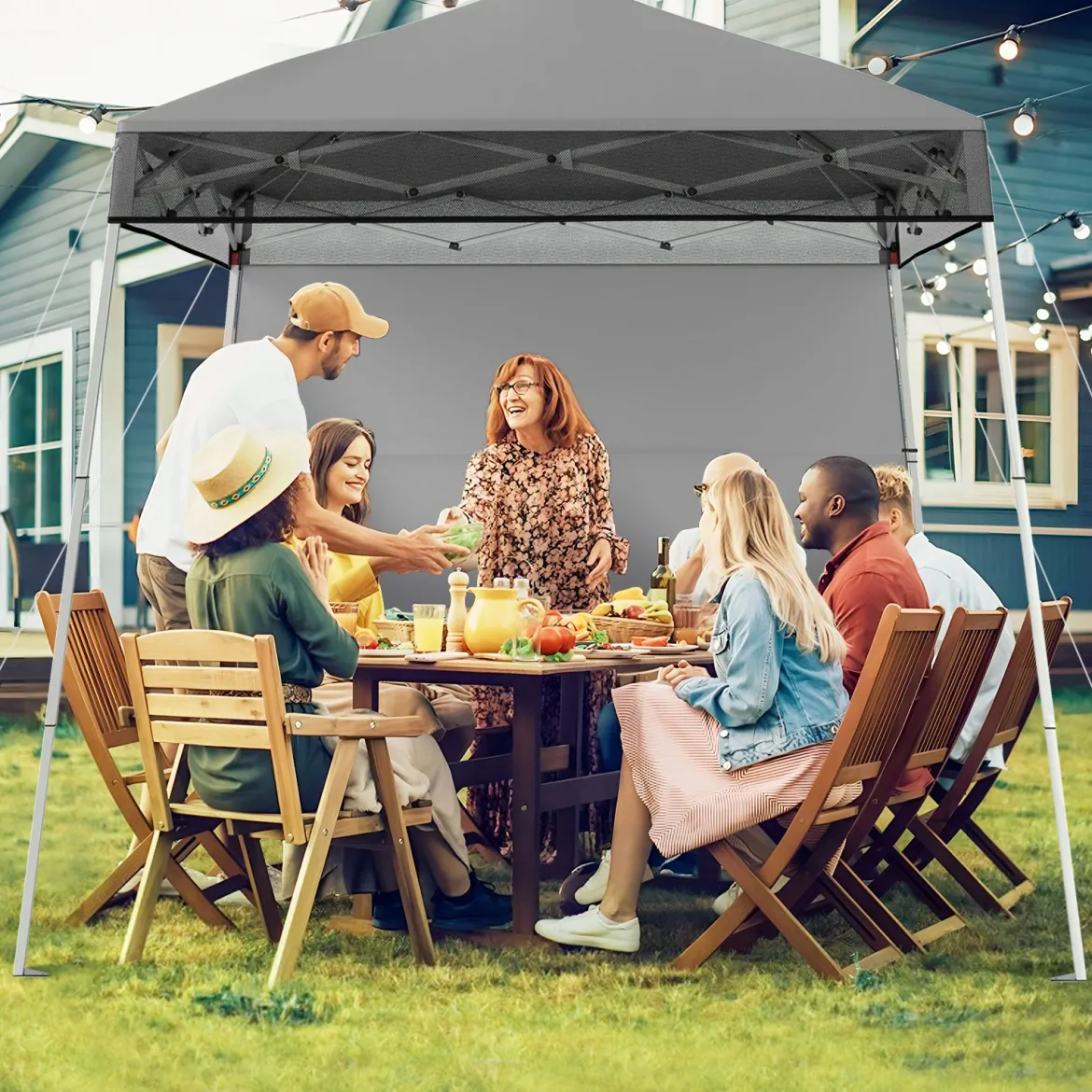 Pavillon 2 x 2 m Pop up Faltpavillon Höhenverstellbar mit Seitenwand & Bodenhaken Wasserdicht & Sonnenschutz Partyzelt Gartenzelt Grau