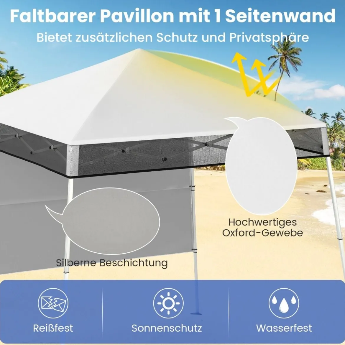 Pavillon 2 x 2 m Pop up Faltpavillon Höhenverstellbar mit Seitenwand & Bodenhaken Wasserdicht Gartenpavillon für Garten Party Weiß