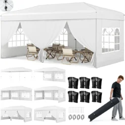 Pavillon 3x6m Pop-up Faltpavillon mit Metallrahmen 6 Seitenwänden & 6 Sandsäcke Gartenpavillon Grau/Weiß