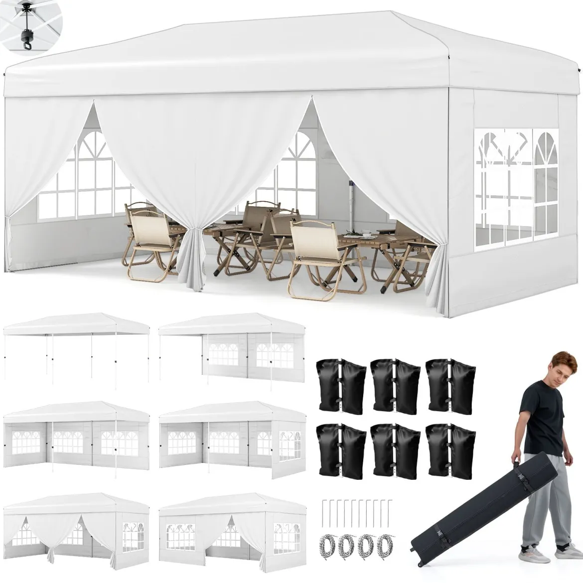 Pavillon 3x6m Pop-up Faltpavillon mit Metallrahmen 6 Seitenwänden & 6 Sandsäcke Gartenpavillon Grau/Weiß