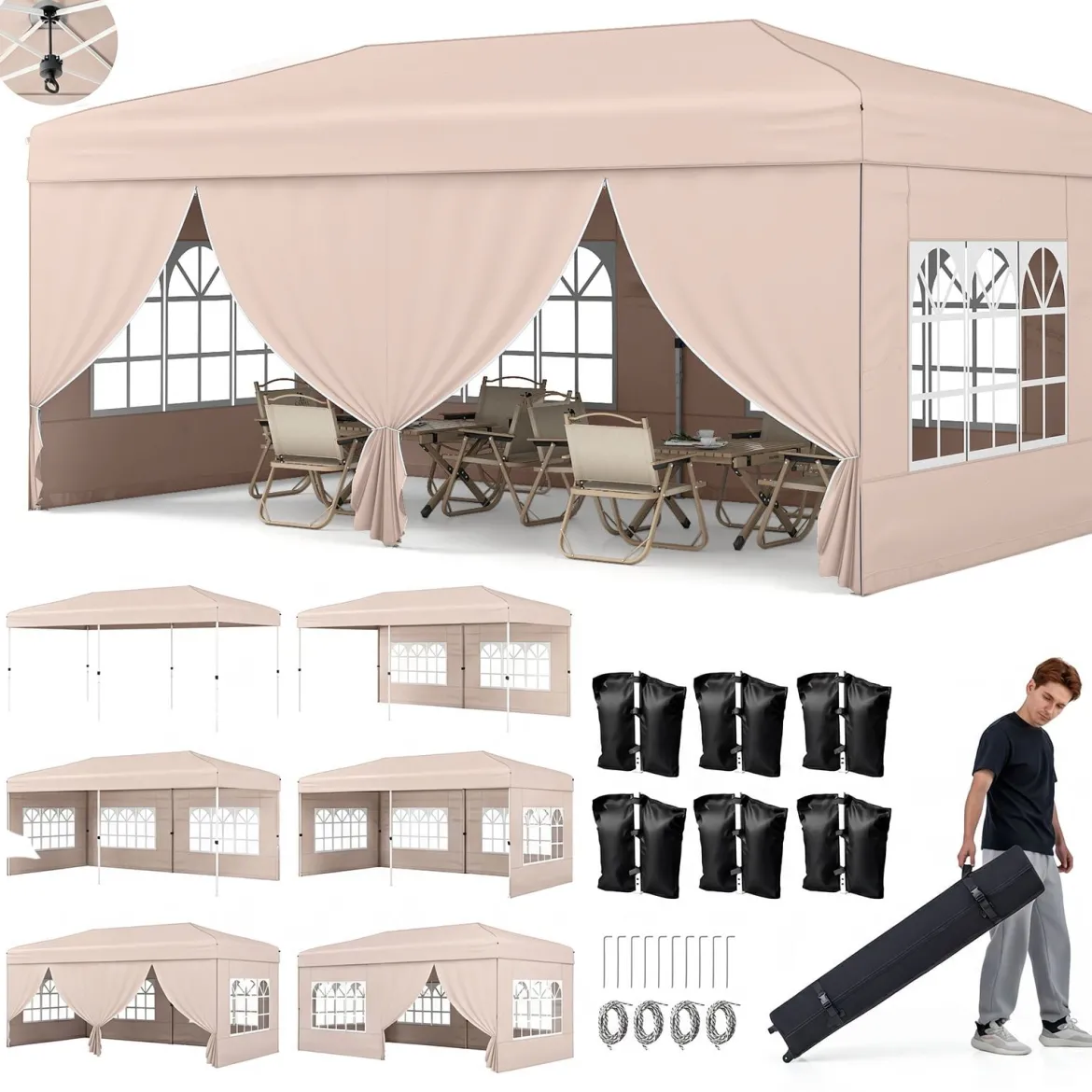 Pavillon 3x6m Pop-up Faltpavillon mit Metallrahmen 6 Seitenwänden & 6 Sandsäcke Gartenpavillon Grau/Weiß
