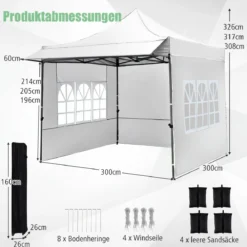 Pavillon 3x3 m Pop Up Gartenpavillon mit 3 Seitenwänden & 3-Stufiger Höhenverstellung