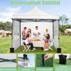 Pavillon 3x3 m Pop Up Gartenpavillon mit 3 Seitenwänden & 3-Stufiger Höhenverstellung