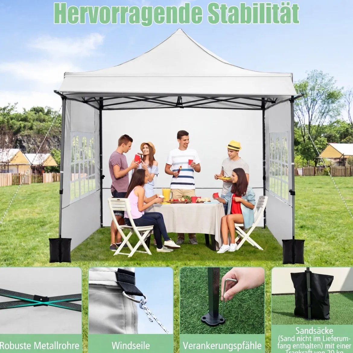 Pavillon 3x3 m Pop Up Gartenpavillon mit 3 Seitenwänden & 3-Stufiger Höhenverstellung