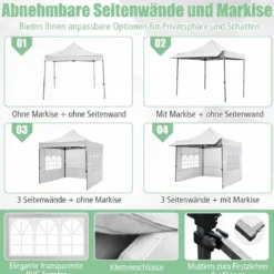 Pavillon 3x3 m Pop Up Gartenpavillon mit 3 Seitenwänden & 3-Stufiger Höhenverstellung
