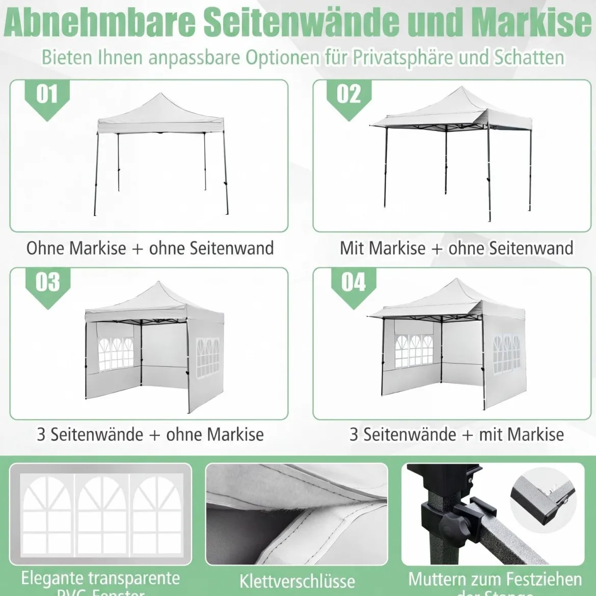 Pavillon 3x3 m Pop Up Gartenpavillon mit 3 Seitenwänden & 3-Stufiger Höhenverstellung