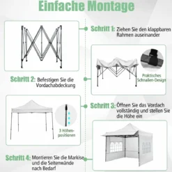 Pavillon 3x3 m Pop Up Gartenpavillon mit 3 Seitenwänden & 3-Stufiger Höhenverstellung