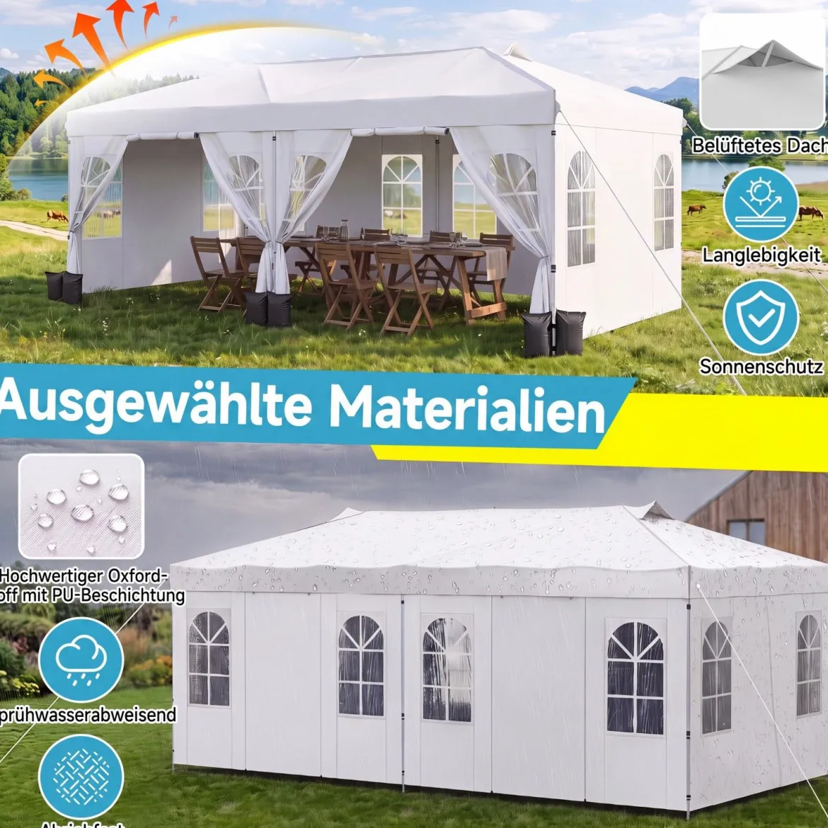 Pavillon 3 x 6 m Pop up Partyzelt Höhenverstellbar mit 6 Seitenwänden & Fenstern Blau/Schwarz/Grau/Weiß