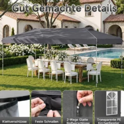 Pavillon 3 x 6 m Pop up Partyzelt Höhenverstellbar mit 6 Seitenwänden & Fenstern Blau/Schwarz/Grau/Weiß