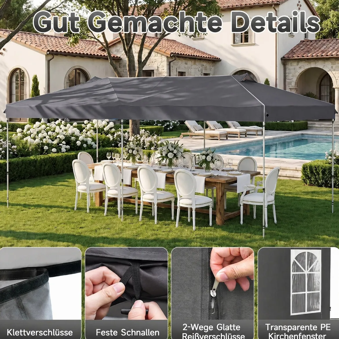 Pavillon 3 x 6 m Pop up Partyzelt Höhenverstellbar mit 6 Seitenwänden & Fenstern Blau/Schwarz/Grau/Weiß