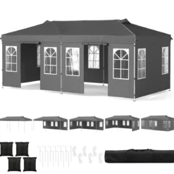 Pavillon 3 x 6 m Pop up Partyzelt Höhenverstellbar mit 6 Seitenwänden & Fenstern Blau/Schwarz/Grau/Weiß